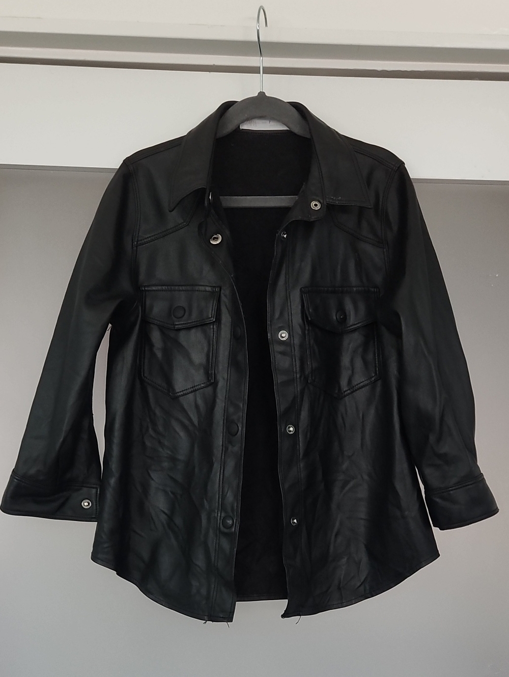 Zara Black Faux-Leather Button Front Shirt Jacket